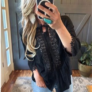 New Bohemian Black Lace Button Front Blouse / Top Summer Dress Vintage Shirt